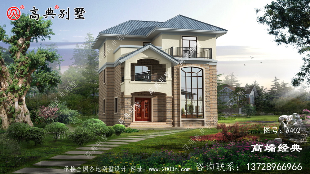 蓝色的斜坡顶配上棕色的墙体,符合农村人的审美标准